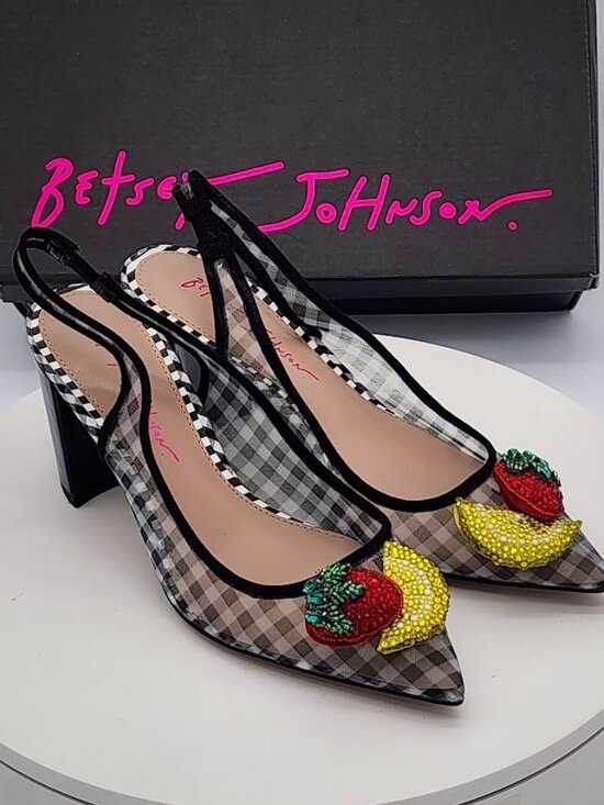 Betsey Johnson Shoes - Betsey Johnson Laney Black Fruit Rhinestone Slingback Pumps Women’s Size 6.5
